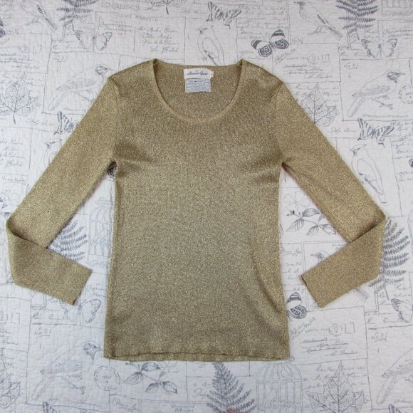 Vntg Herman Geist Gold metallic Long Slv ribbed scoop neck fitted knit top  S - Picture 2 of 7